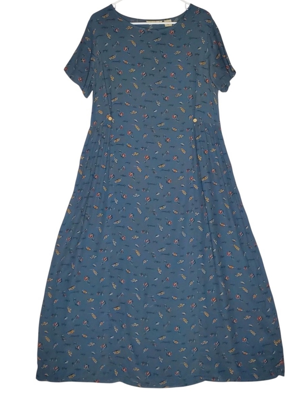 Vintage Eddie Bauer Blue Floral Short-Sleeve A-Line Maxi Dress Size Large